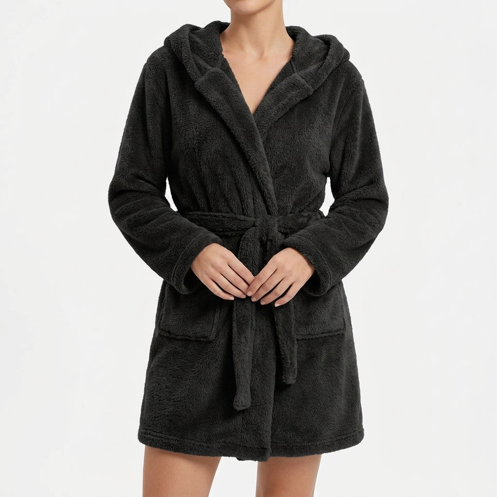 Ivophora | Women's Elegant Hooded Fleece Dress — Black