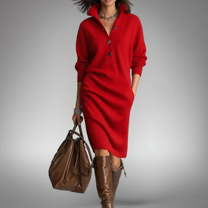 Ivorlise | Women's Elegant Oversized Knit Midi Sweater Dress — Red