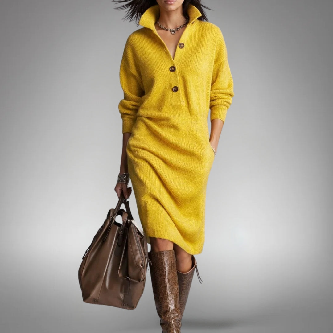 Ivorlise | Women's Elegant Oversized Knit Midi Sweater Dress — Yellow