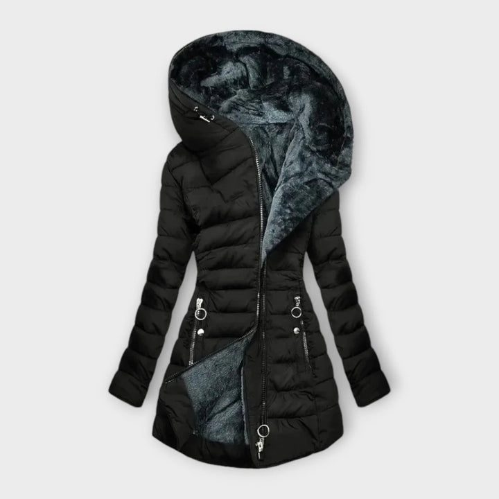Ivowen | Women's Casual Stretch quilted zip-up hood puffer coat with faux fur lining — 2