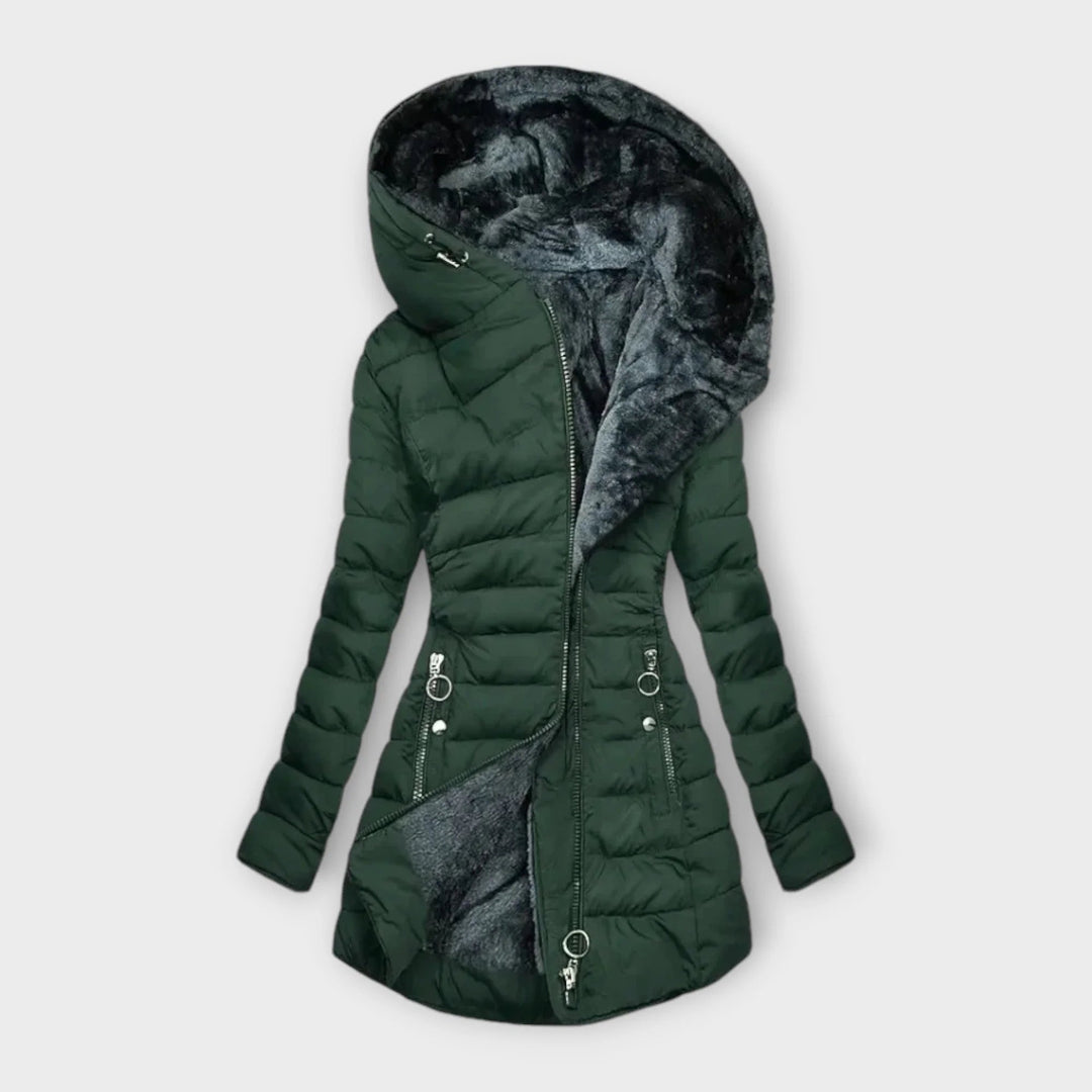 Ivowen | Women's Casual Stretch quilted zip-up hood puffer coat with faux fur lining — Dark Green