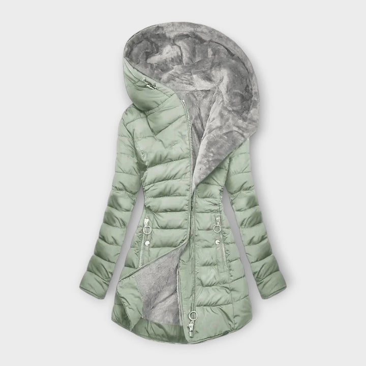 Ivowen | Women's Casual Stretch quilted zip-up hood puffer coat with faux fur lining — Light Green