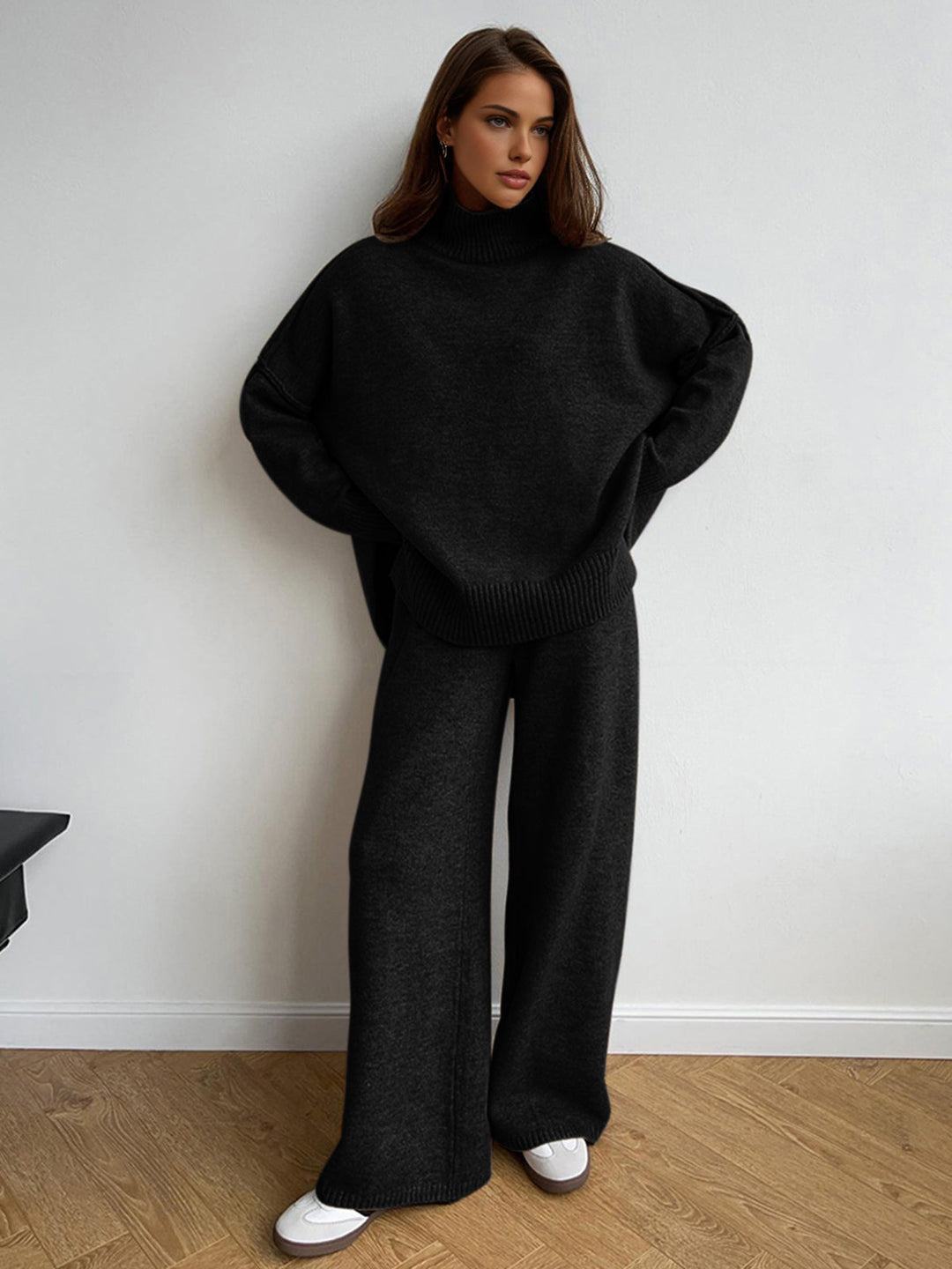 Jessamelle | Women's Cozy Turtleneck Plain Knit Pants Set — Black