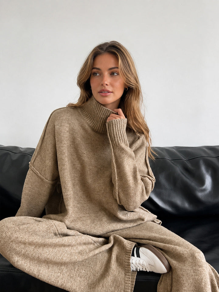 Jessamelle | Women's Cozy Turtleneck Plain Knit Pants Set — 1