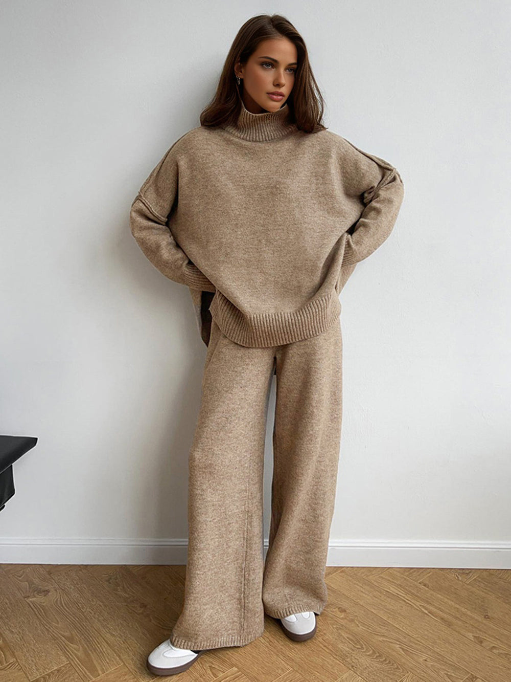 Jessamelle | Women's Cozy Turtleneck Plain Knit Pants Set — 2