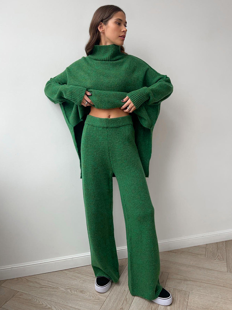 Jessamelle | Women's Cozy Turtleneck Plain Knit Pants Set — Green