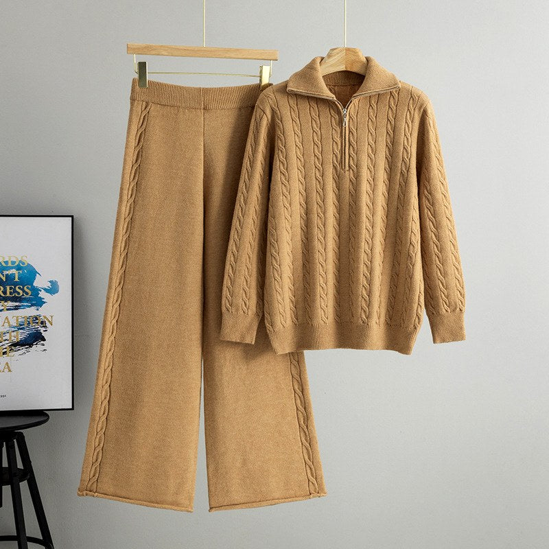 Jessamique | Women's Cozy Ada - High-Neck Sweater and Wide-Leg Pants Set — Khaki