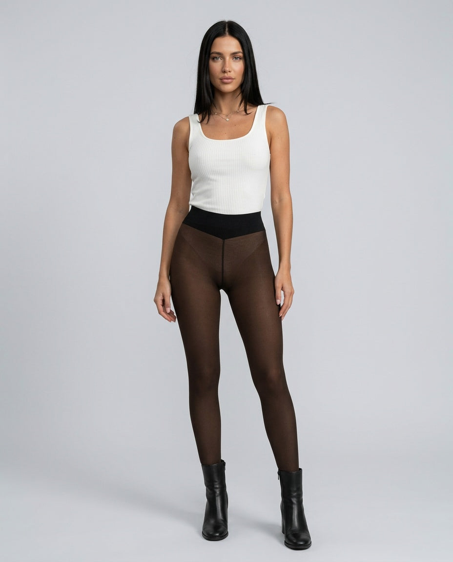 Jessamyra | Women's Casual Stretch Fleece Lined Sheer Skin-Tone Thermal Tights Top — Brown