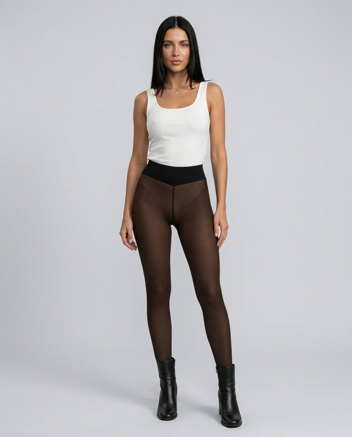 Jessamyra | Women's Casual Stretch Fleece Lined Sheer Skin-Tone Thermal Tights Top — Brown