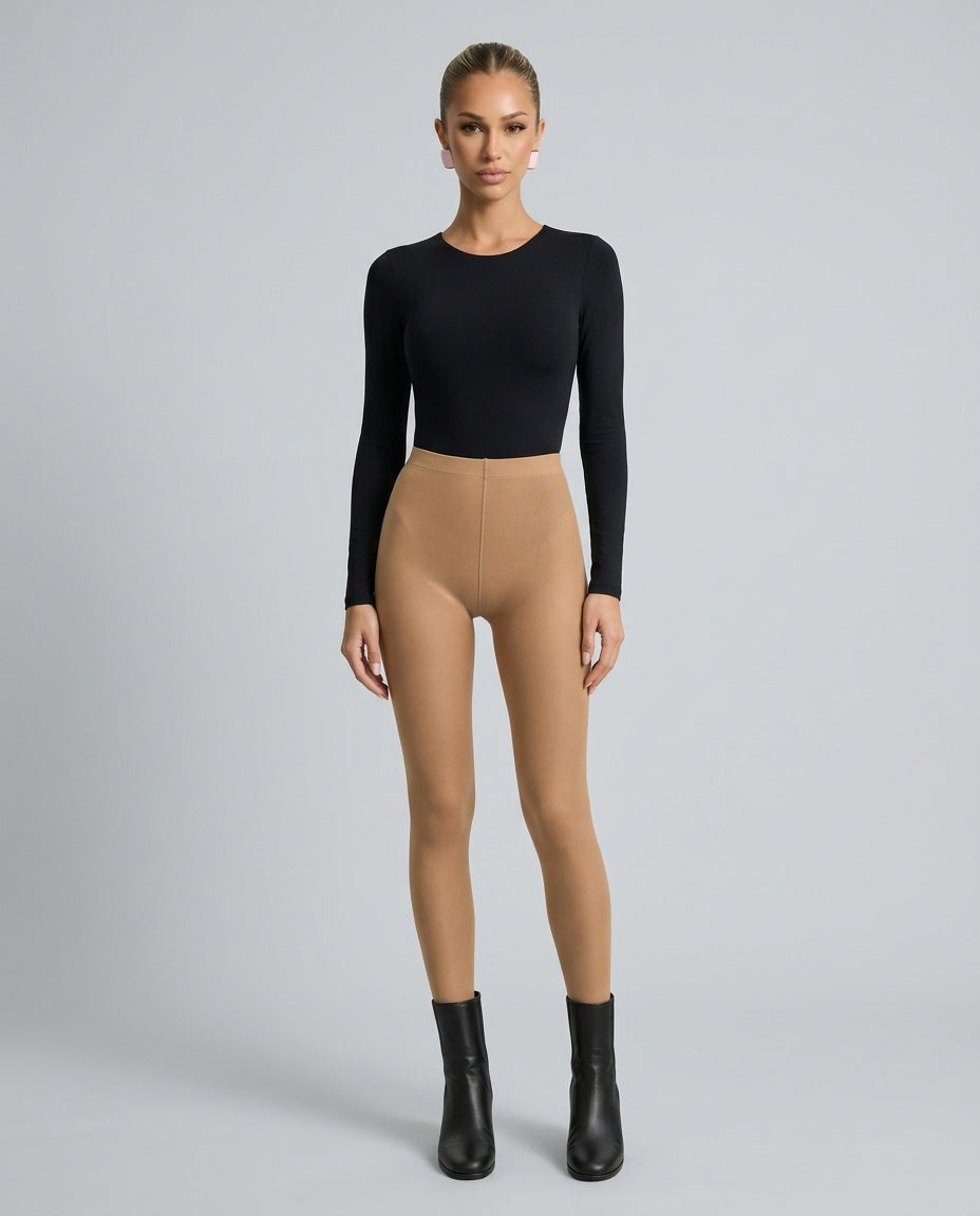 Jessamyra | Women's Casual Stretch Fleece Lined Sheer Skin-Tone Thermal Tights Top — Nude/Beige