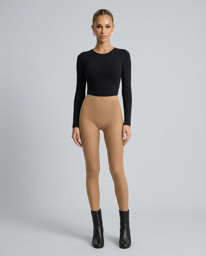 Jessamyra | Women's Casual Stretch Fleece Lined Sheer Skin-Tone Thermal Tights Top — Nude/Beige