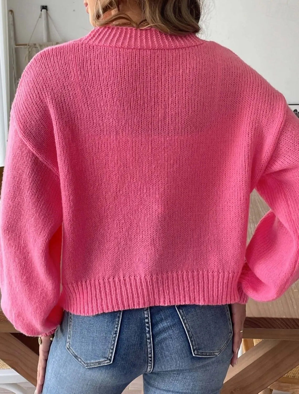Joraoura | Women's Knit Cozy Cardigan Sweater Pink Pearl Button V-Neck Oversized Coat — 2
