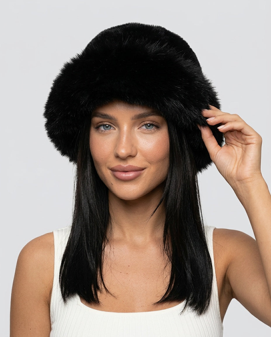 Jorvelissa | Women's Casual Stretch Faux Fur Beanie with Ear Coverage Top — Black