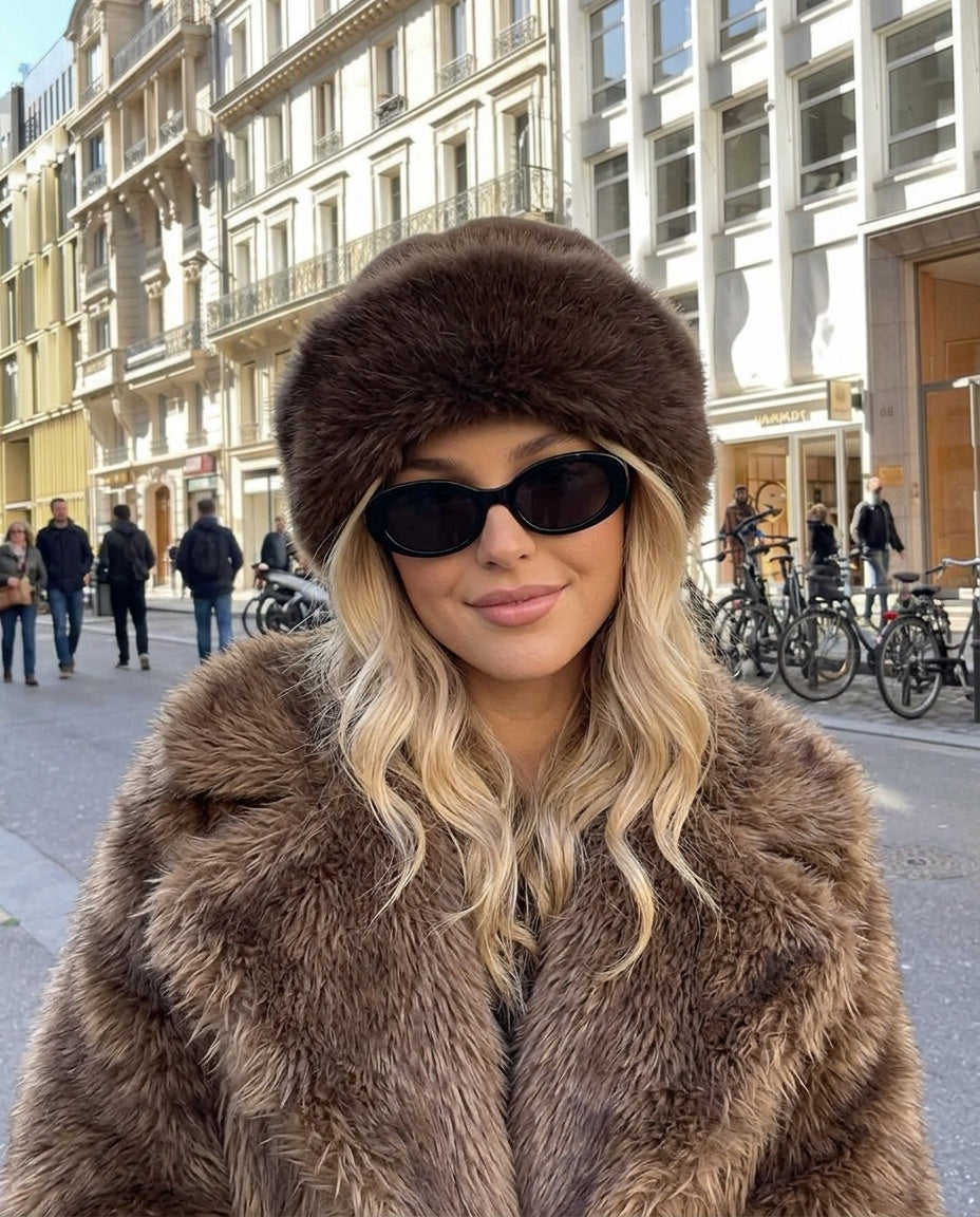 Jorvelissa | Women's Casual Stretch Faux Fur Beanie with Ear Coverage Top — Brown