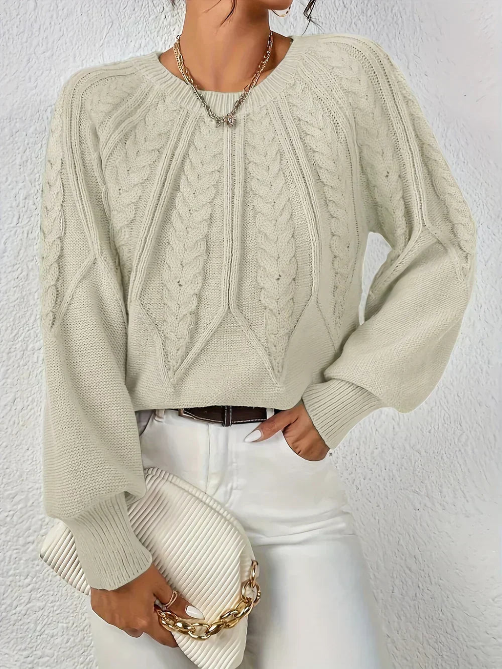 Josephina | Women's Cozy Cable Knit Raglan Sleeve Sweater — Khaki