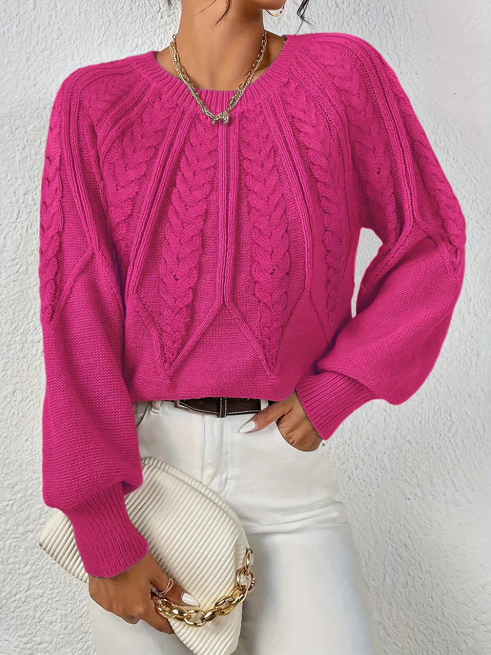 Josephina | Women's Cozy Cable Knit Raglan Sleeve Sweater — Pink