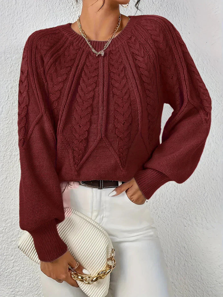 Josephina | Women's Cozy Cable Knit Raglan Sleeve Sweater — Red