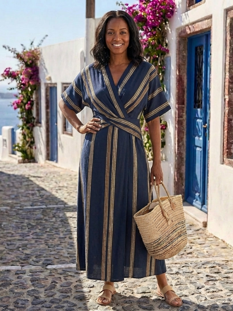 Josephine | Women's Wedding Guest Elegant V Neck Striped Wrap Maxi Dress Dresses — 3