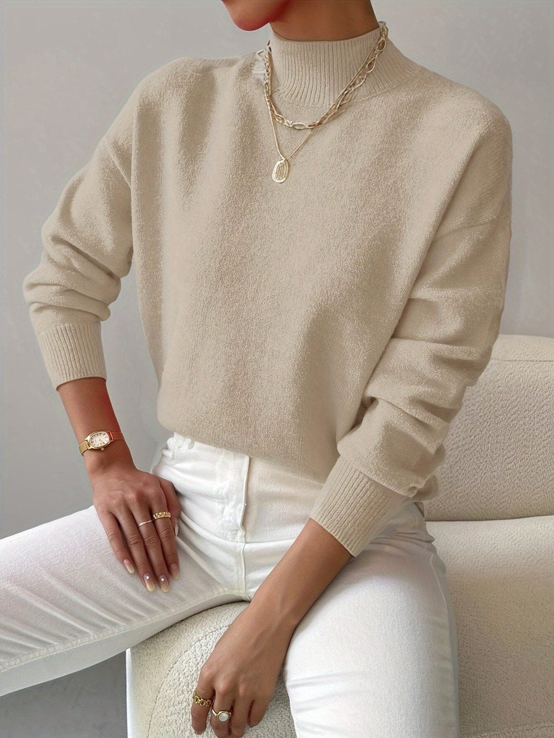 Josslyn | Women's Cozy Elegant Ribbed Knit Turtleneck Sweater with Fitted Body — Beige
