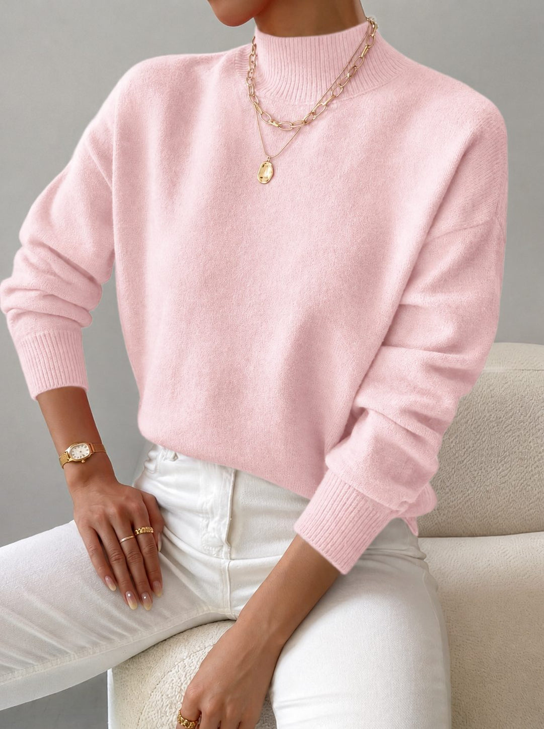 Josslyn | Women's Cozy Elegant Ribbed Knit Turtleneck Sweater with Fitted Body — Light Pink