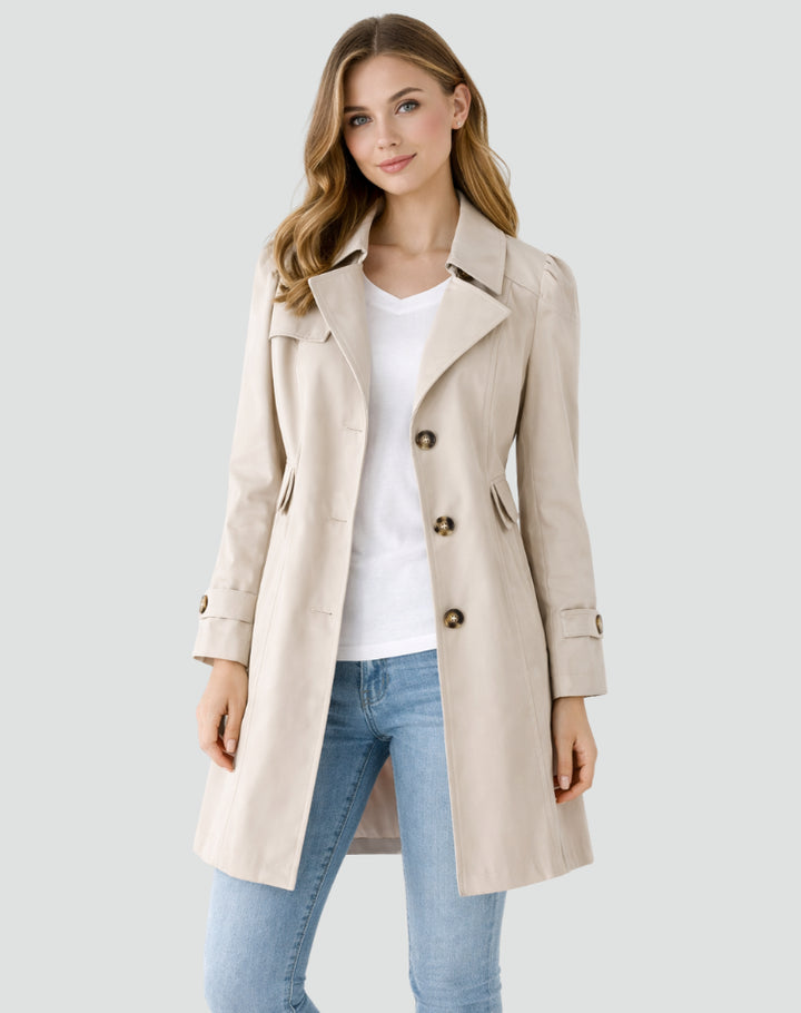 Josswen | Women's Fitted Mid-Length Trench Coat with Lapel Collar — Beige