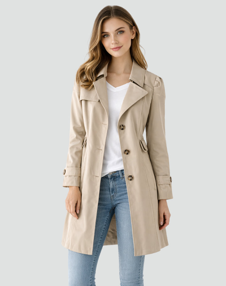Josswen | Women's Fitted Mid-Length Trench Coat with Lapel Collar — 2