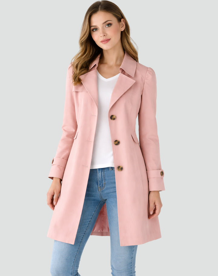 Josswen | Women's Fitted Mid-Length Trench Coat with Lapel Collar — Pink