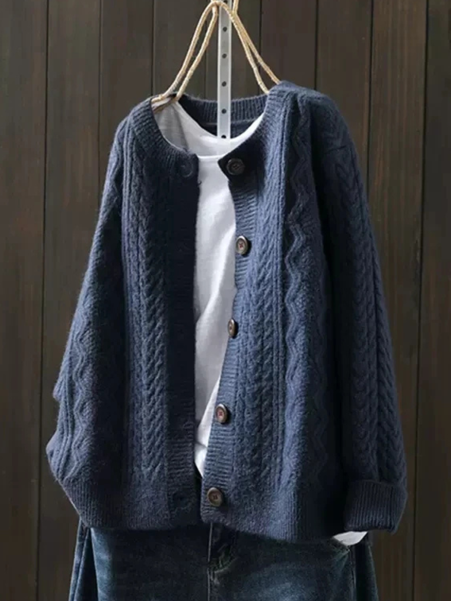 Junia | Women's Knit Cozy CABLE CARDIGAN Sweaters — Navy Blue