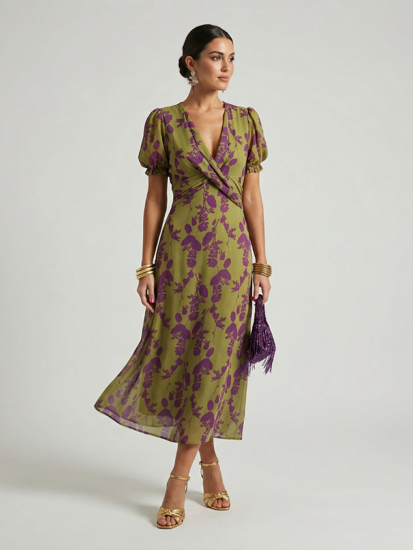Justine | Women's Wedding Guest Elegant V-Neck Wrap Midi Dress Dresses — 1