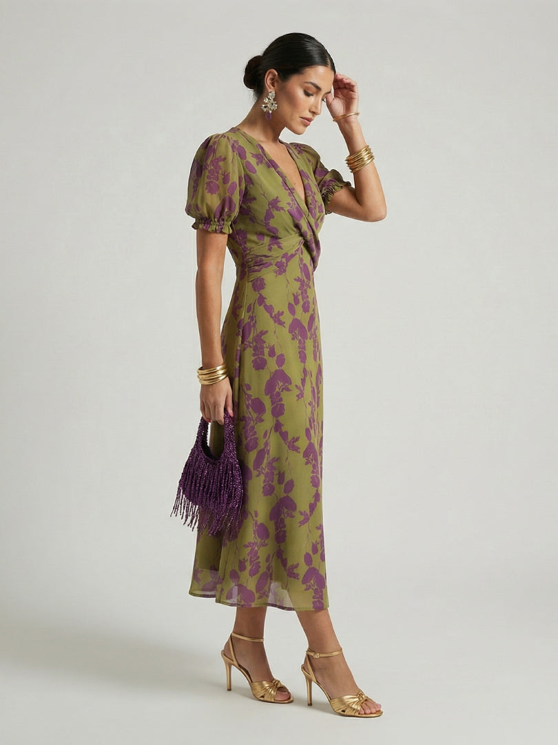 Justine | Women's Wedding Guest Elegant V-Neck Wrap Midi Dress Dresses — 2