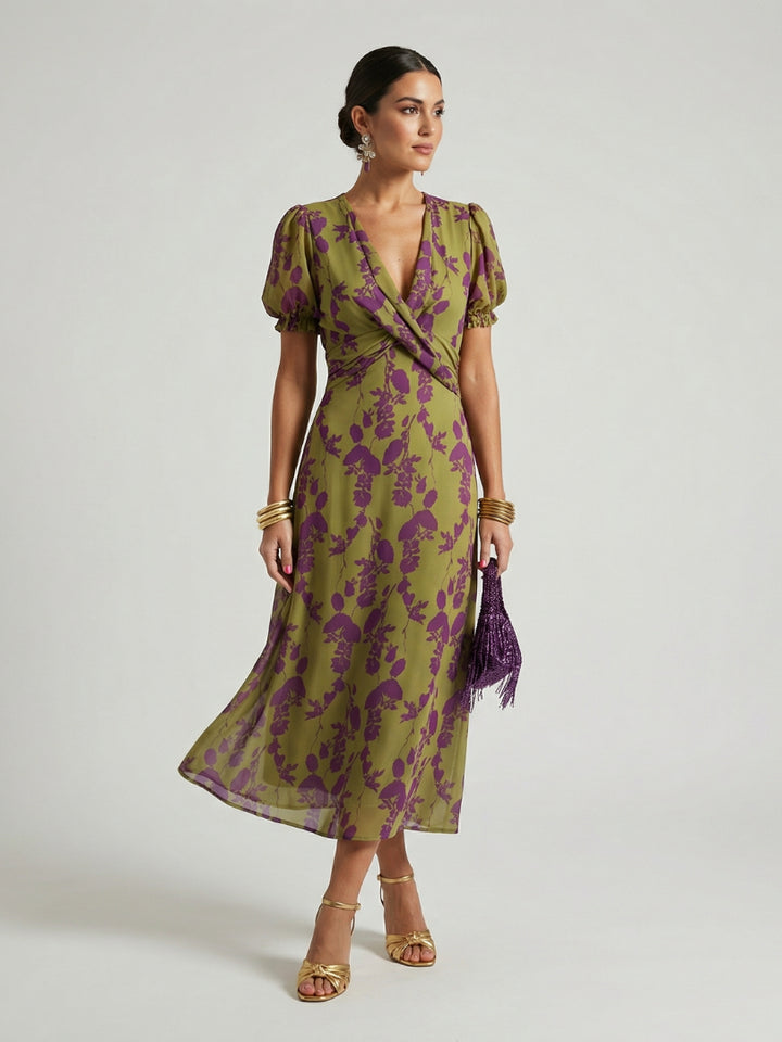 Justine | Women's Wedding Guest Elegant V-Neck Wrap Midi Dress Dresses — Floral