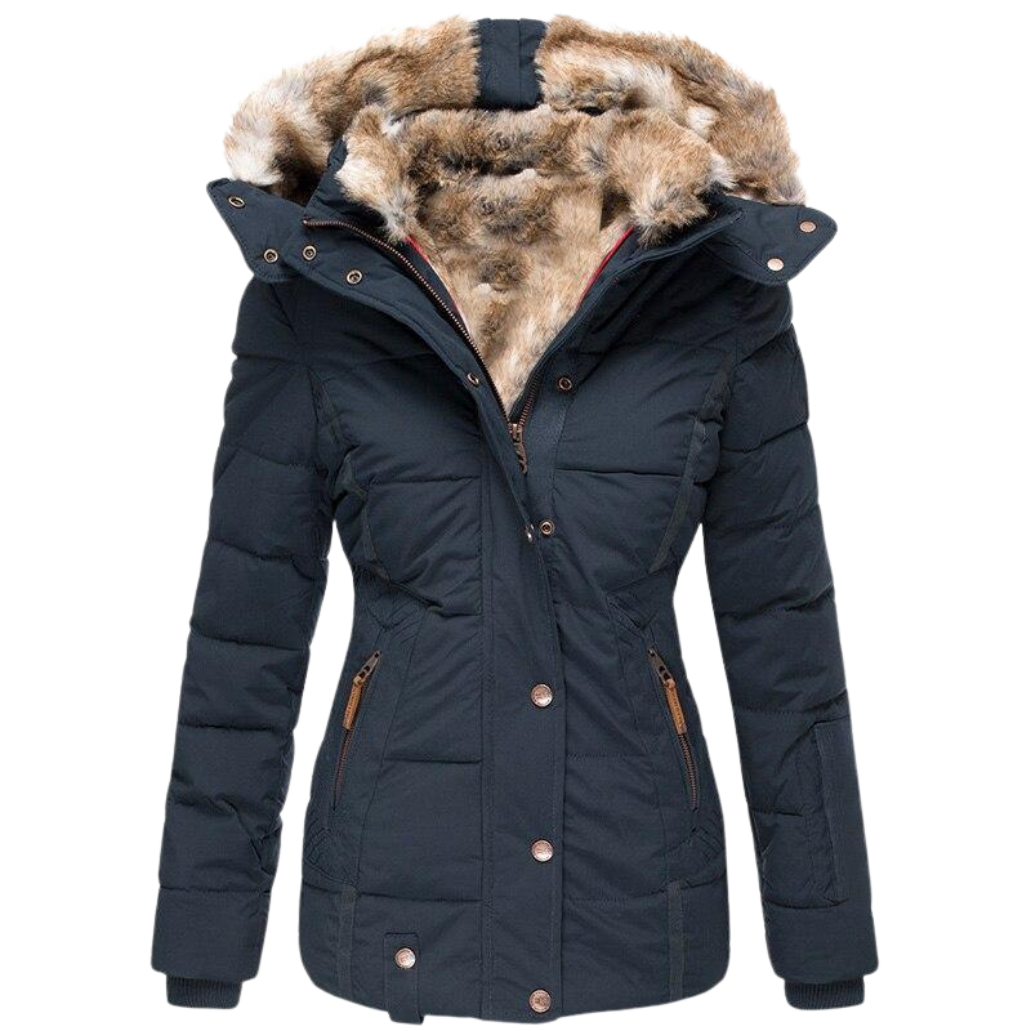 Kairaaria | Women's Faux Fur Lined Coat – Stand Collar Button Front Jacket — Dark Blue