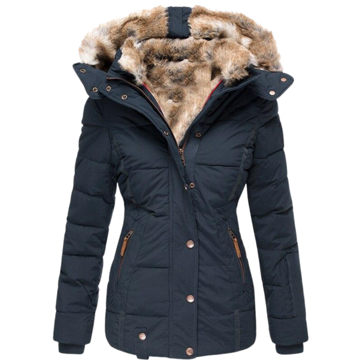 Kairaaria | Women's Faux Fur Lined Coat – Stand Collar Button Front Jacket — Dark Blue