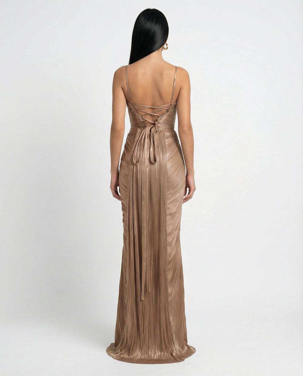 Kassia | Women's Wedding Guest Elegant Gold Glossy Pleated Corset Maxi Dress Dresses — 2