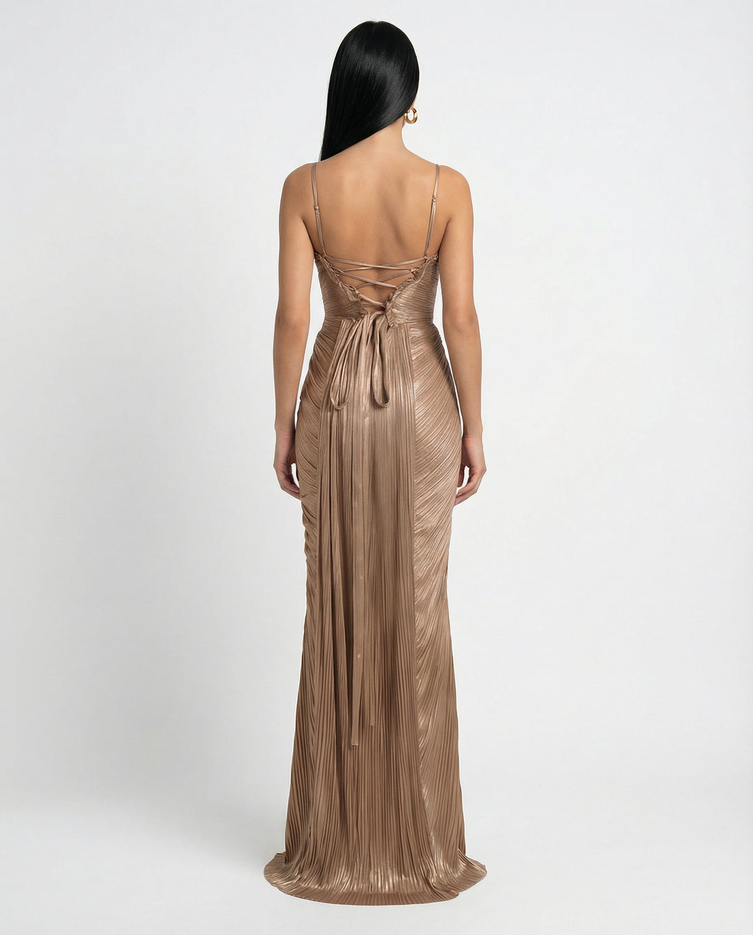 Kassia | Women's Wedding Guest Elegant Gold Glossy Pleated Corset Maxi Dress Dresses — 2