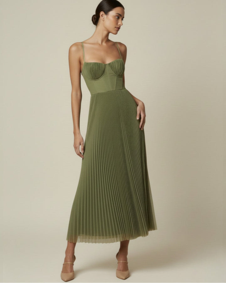Katarina | Women's Wedding Guest Elegant Pleated Tulle Midi Dress Dresses — Green