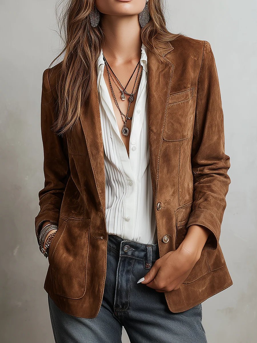 Kelvcine | Women's Single-Button Tailored Faux Suede Single-Breasted Blazer Jacket with Pockets — 1