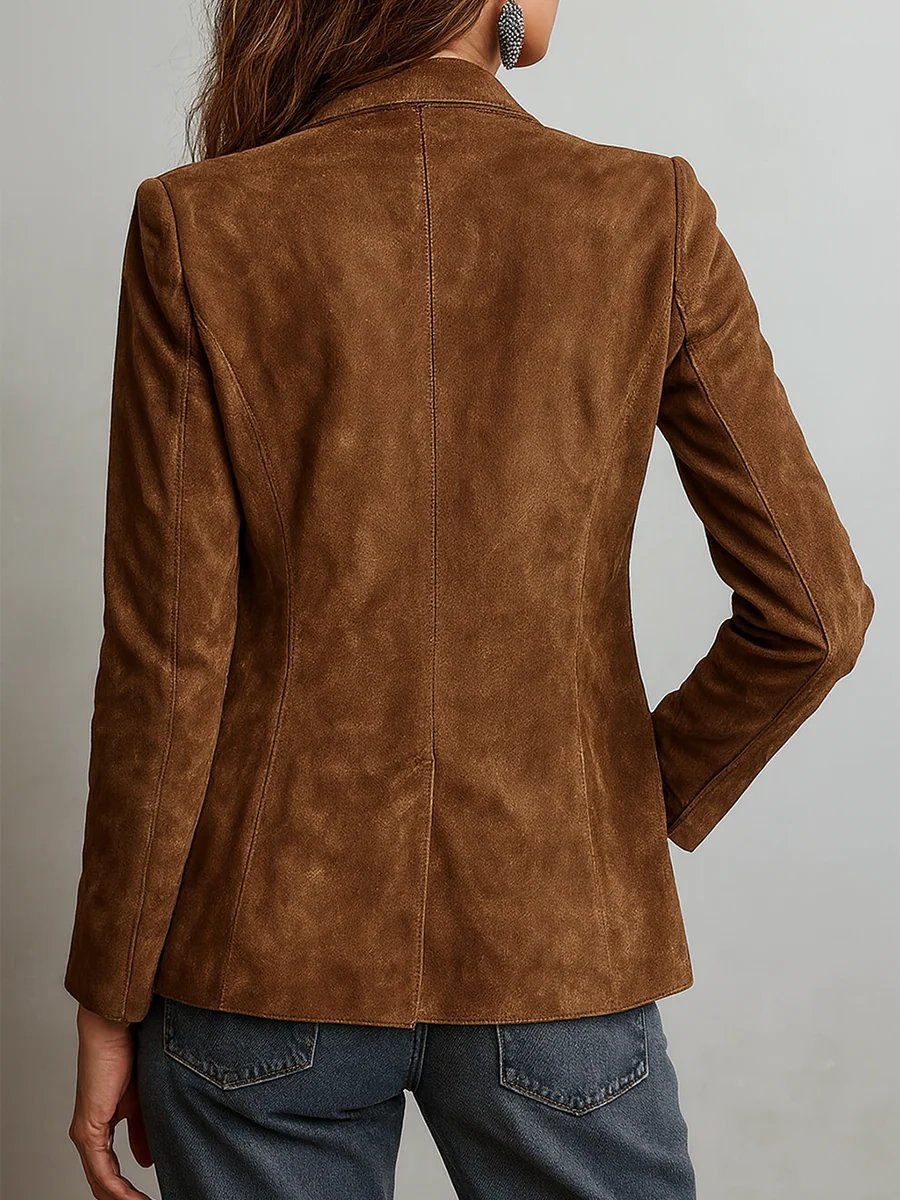 Kelvcine | Women's Single-Button Tailored Faux Suede Single-Breasted Blazer Jacket with Pockets — 2