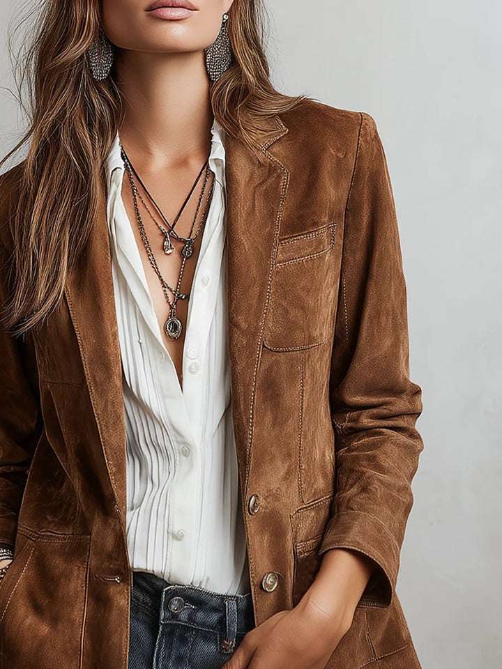 Kelvcine | Women's Single-Button Tailored Faux Suede Single-Breasted Blazer Jacket with Pockets — Brown