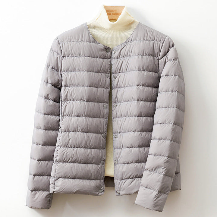 Kelvreth | Women's Comfy Lightweight Puffer Jacket with Snap-Button Front — Light Gray