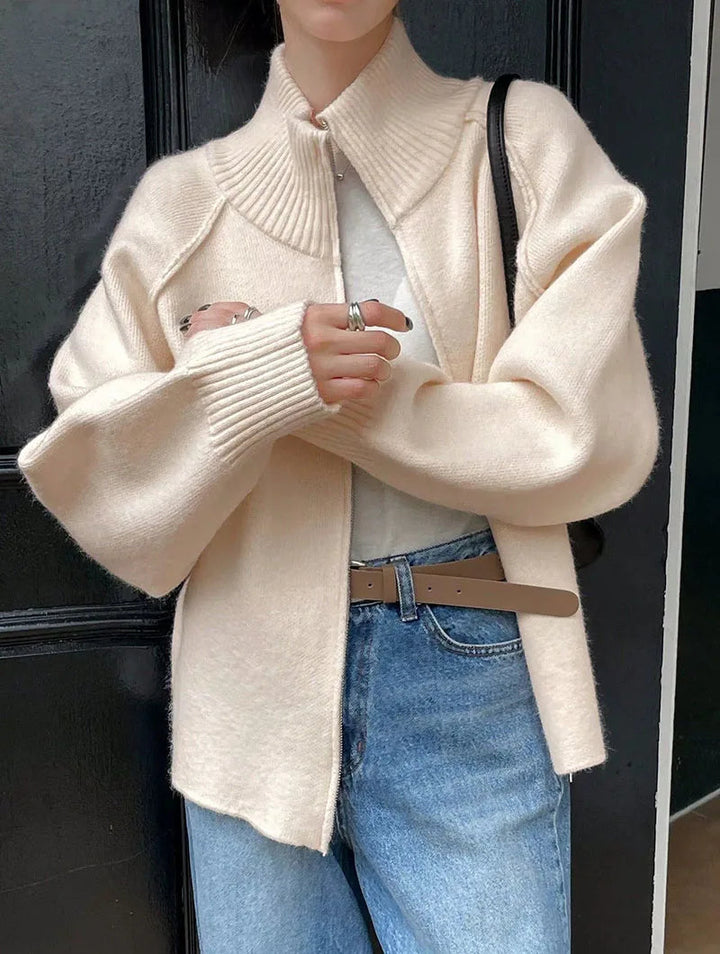 Kesiella | Women's Cardigan Sweater Zipper Stand Collar Thicken Knit Jacket — beige