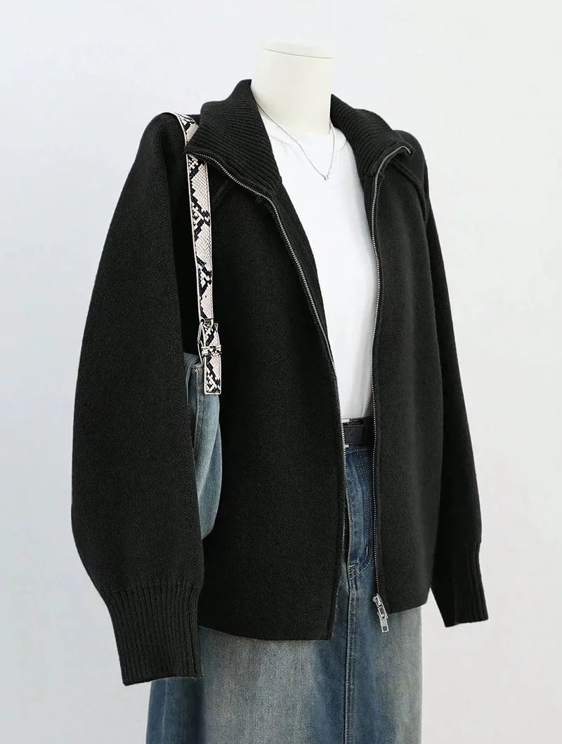 Kesiella | Women's Cardigan Sweater Zipper Stand Collar Thicken Knit Jacket — black