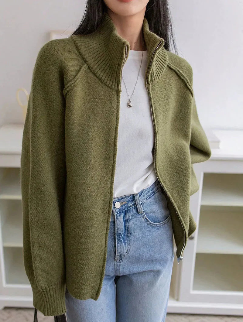 Kesiella | Women's Cardigan Sweater Zipper Stand Collar Thicken Knit Jacket — 2