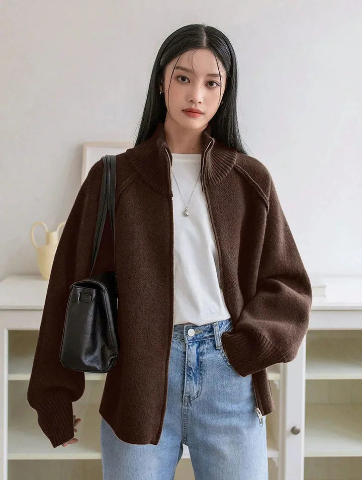 Kesiella | Women's Cardigan Sweater Zipper Stand Collar Thicken Knit Jacket — coffee