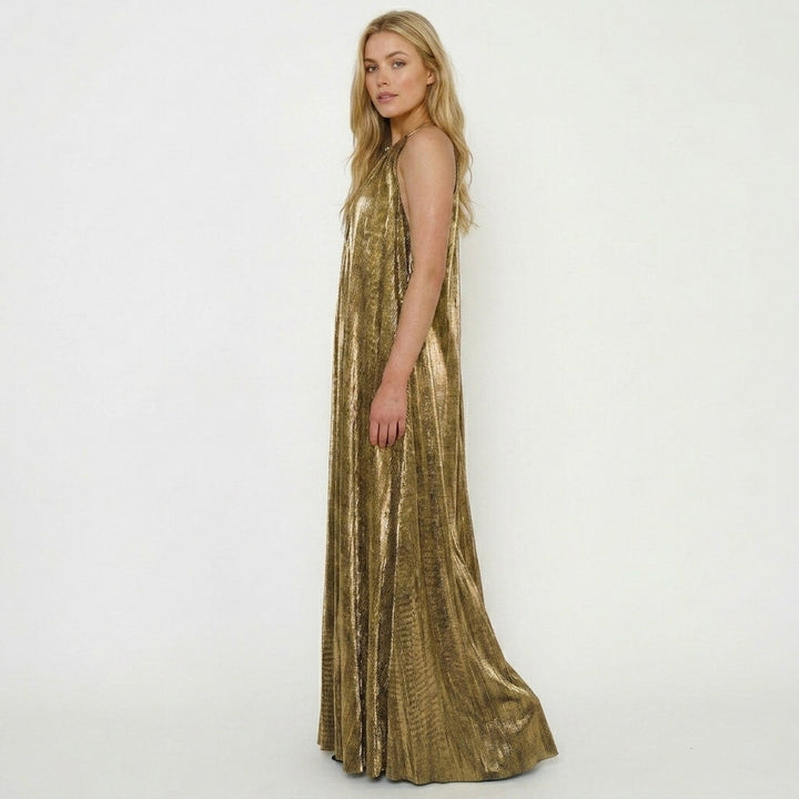 Kesiora | Halter Metallic Pleated Maxi | Wedding Guest Party Dress