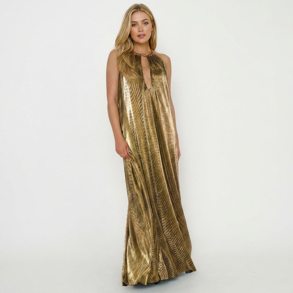 Kesiora | Halter Metallic Pleated Maxi | Wedding Guest Party Dress