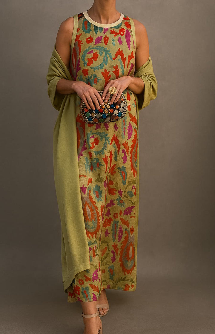 Lara | Women's Wedding Guest Elegant Matching Long Dress & Coat Set Dresses — Green