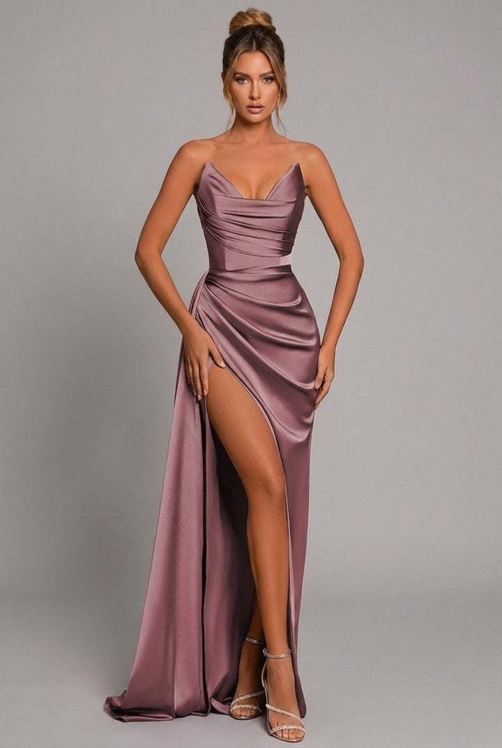 Lavinia | Women's Elegant Maxi Wedding Guest Dress with High Slit Dresses — Dusty Rose
