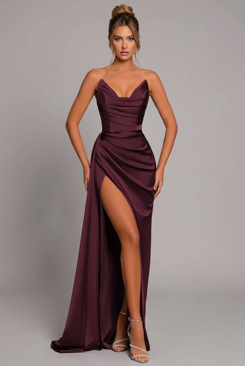 Lavinia | Women's Elegant Maxi Wedding Guest Dress with High Slit Dresses — Purple Red