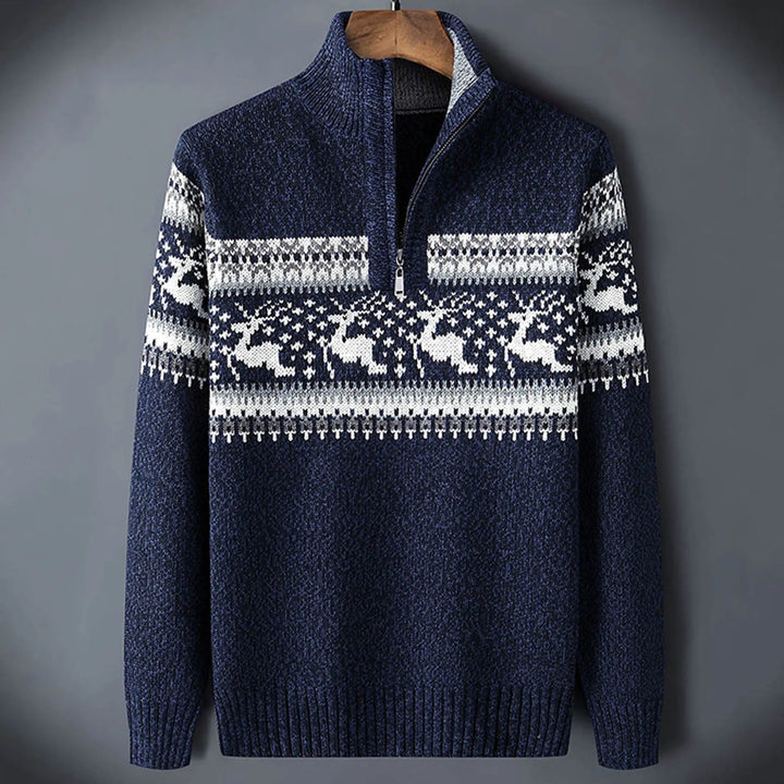 Leopold | Men's Knit Cozy Fair Isle Quarter Zip Sweater for Men — Blue